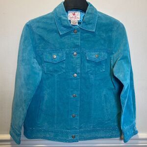 Y2K Sassy Cowgirl Turquoise Suede Leather Jacket Quacker Factory Beaded Western